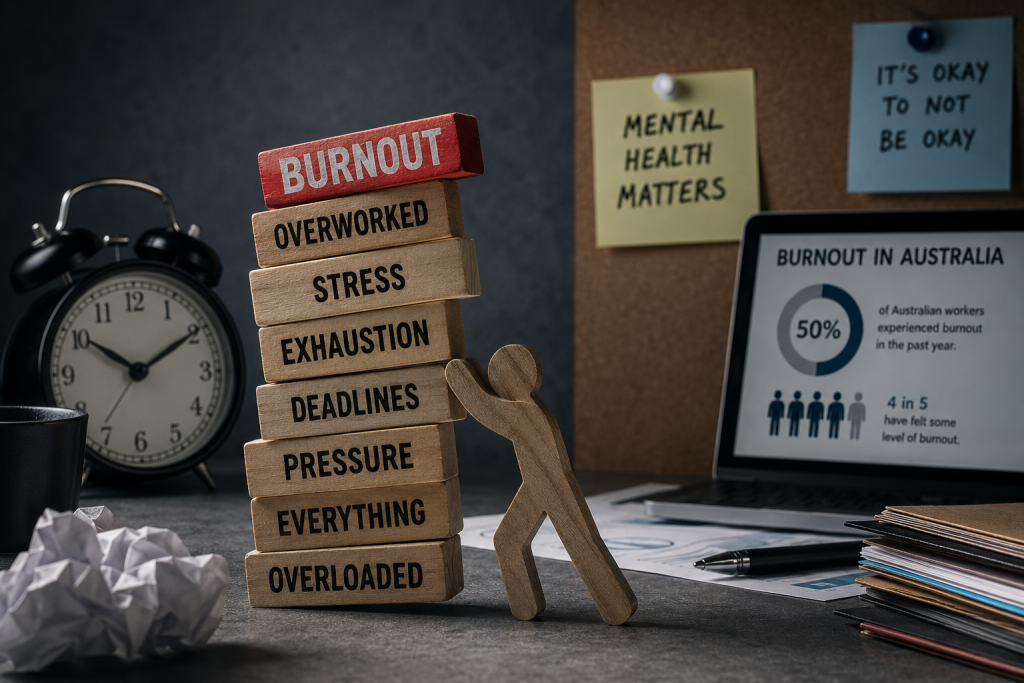 Australian office worker experiencing workplace burnout due to excessive workload and constant digital demands.