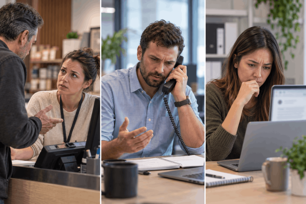 Customer service employee using de-escalation techniques to resolve a difficult customer complaint professionally
