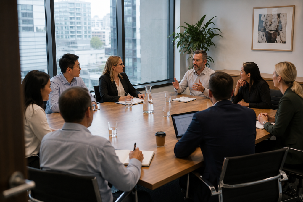 Corporate team participating in planning and organisation training to improve meeting management, collaboration and workplace productivity.