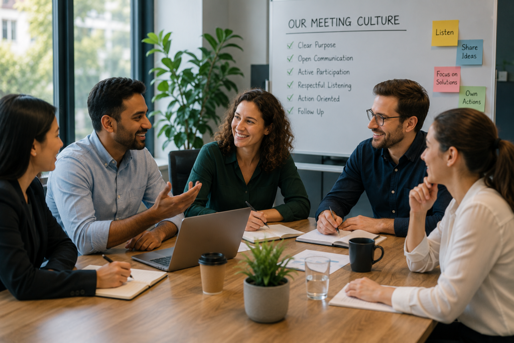 Business leaders conducting productive meetings using effective planning, agenda management and collaboration techniques to improve team efficiency.