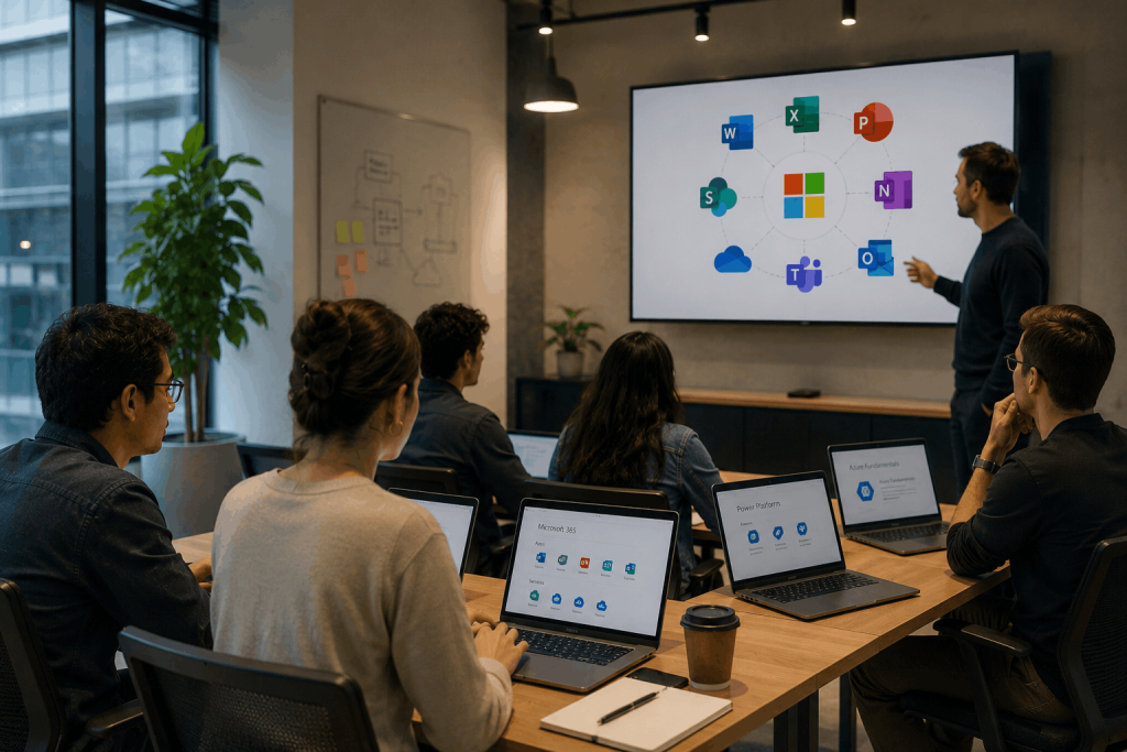 Business professionals using Microsoft Teams, SharePoint and Power BI to collaborate, manage projects and analyse business data.