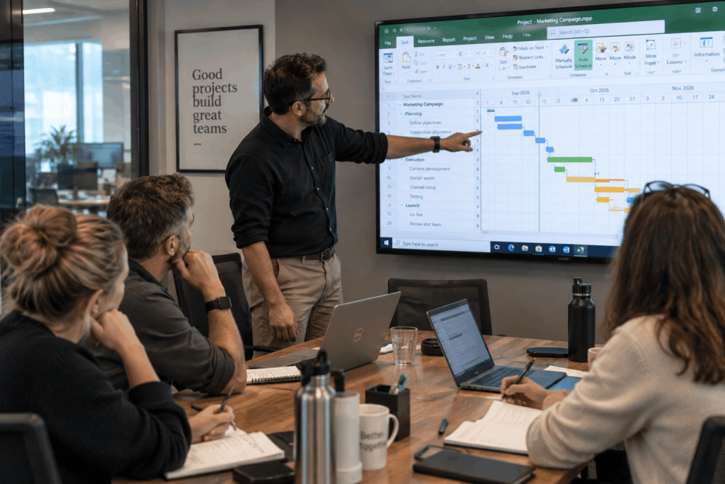 Team using Microsoft Project for project planning and resource