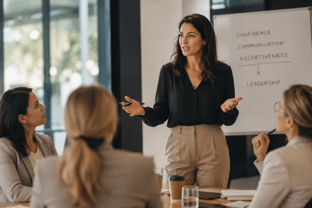 Professional woman negotiating confidently during a business meeting after leadership and personal development training